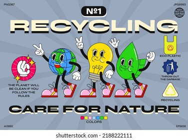 Cartoon characters on the theme of recycling: planet earth, light bulb, leaf. poster with eco-friendly stickers. funny colorful characters in doodle style. Set of comic elements in trendy retro cartoo