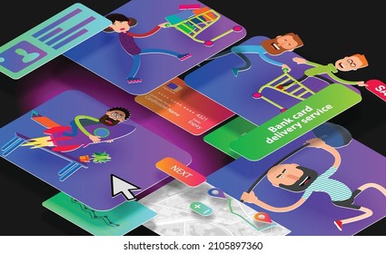 Cartoon characters on web interface icons in isometry. Vector banner