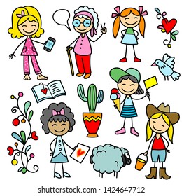 Cartoon characters on white background, Set of cartoon kids, Friendship day