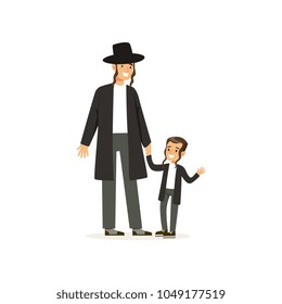 Cartoon characters of orthodox jews smiling father and his little son with payots. Religious family. Jewish rabbi. Members of Semitic culture. Flat vector design