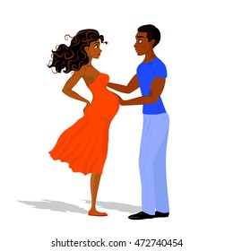 Cartoon characters pair of african american man and woman, husband and wife, a young beautiful woman is pregnant. Illustration of Expecting Parents. Vector illustration love, family and care
