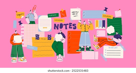 Cartoon characters with paper notes and reminders to do. Cases, business task list and planning schedule. Geometric shapes, people office workers. online chats and abstract frames. Business team 