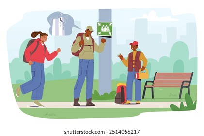 Cartoon Characters In A Park, Gearing Up For An Emergency With Backpacks And Equipment. Vector Image Illustrates Preparation, Teamwork, And Survival Concepts In An Urban Setting