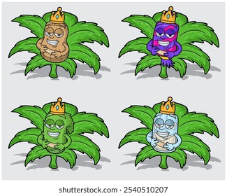 Personagens de desenhos animados de amendoim, doce, Aloe Vera e leite com coroa em folha de ervas daninhas. Para Rótulo, Embalagem, Adesivos e Negócios do Produto. Ilustrações de vetores.