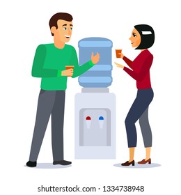 Cartoon Characters People Around Water Cooler Gossip Concept Corporate Talk And Conversation Element Flat Design Style. Vector Illustration