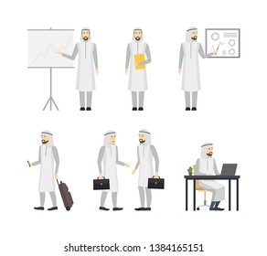 Cartoon Characters People Different Arab Businessman Set Include of Professional Presentation Arabian Man Standing by Board and Business Meeting. Vector illustration