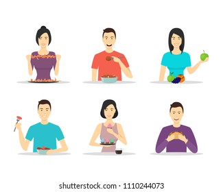 Cartoon Characters People Eating Meals Dinner, Lunch, Snack or Breakfast Set Concept Element Flat Design Style. Vector illustration of Man and Woman