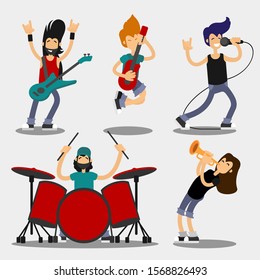 Cartoon Characters People Musicians Icon Set Include of Singer, Guitarist and Drummer Flat Design Style. Vector illustration