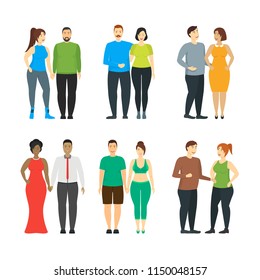 Cartoon Characters People Plus Size Cute Positive Couples Set Overweight Concept Element Flat Design Style. Vector illustration