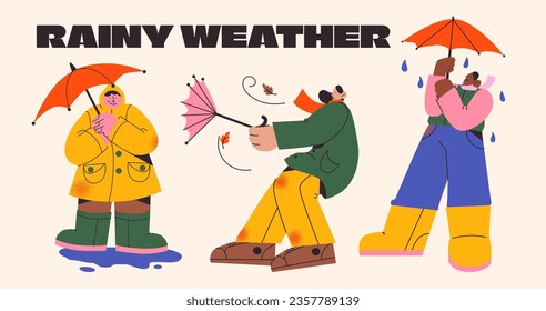 Cartoon characters people in the rain with an umbrella. Rainy autumn weather, mascots in rubber raincoats. Vector set collection