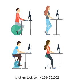 Cartoon Characters People Standing Desk Set Man and Woman on Chair, Bike and Fitness Ball. Vector illustration