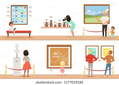 Cartoon characters people visitors in art museum. Paintings, butterflies collection and sculptures in the gallery. Cultural activities concept. Vector vertical flat banners