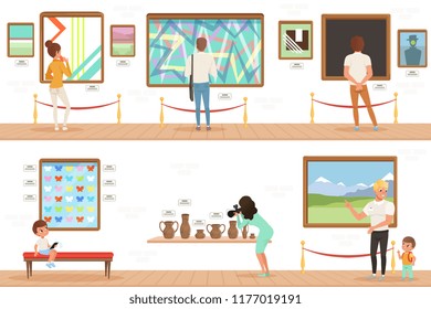 Cartoon characters people visitors in art museum. Paintings, butterflies collection and sculptures in the gallery. Cultural activities concept. Vector vertical flat banners