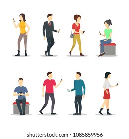Cartoon Characters People Watch Cell Phones Set Concept Element Flat Design Style. Vector illustration of Woman, Man and Phone