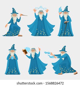 Cartoon Characters People Wizard Icon Set with Wand, Hat and Book Trick Concept Flat Design Style. Vector illustration