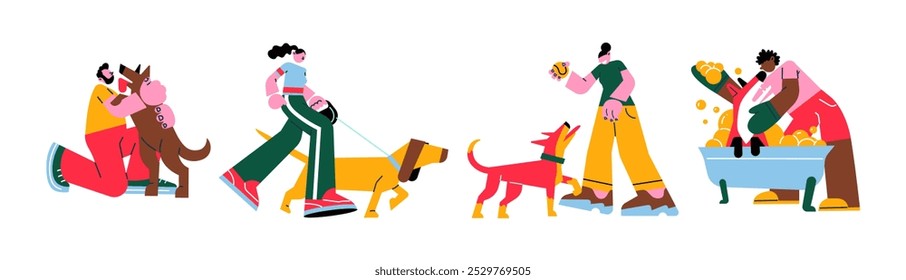 Cartoon characters with pets. Caring owners owners lead pets on a leash. Veterinarians, dog and cat care, walk in the fresh air. Vector mascots in geometric style