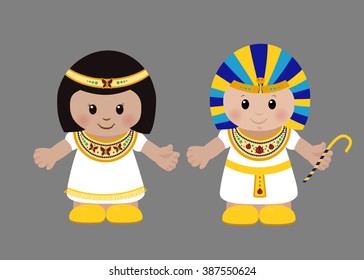 Cartoon characters of Pharaoh and Cleopatra in ancient Egyptian clothing. Vector illustration