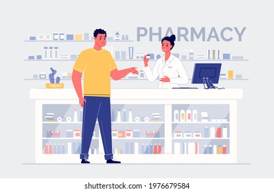 Cartoon Characters Pharmacist and Customer Standing at the Counter with Medicines. Medical Healthcare Concept. Color Vector Illustration.