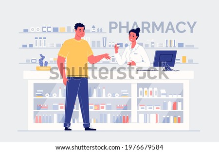 Cartoon Characters Pharmacist and Customer Standing at the Counter with Medicines. Medical Healthcare Concept. Color Vector Illustration.