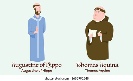 Cartoon characters of philosophers Augustine of Hippo and Thomas Aquino. Philosophy and history