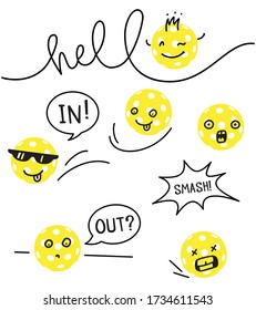 Cartoon characters - pickle ball with speech bubbles. In, out, smash, speen, hello.  Hand drawn balls with cute faces. 