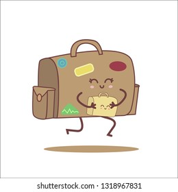 Cartoon characters pictures of briefcase, bag, schoolbag hugging and having fun. Kawaii style. Vector illustration. White background.