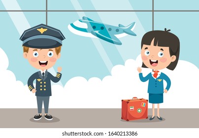 Cartoon Characters Of Pilot And Hostess