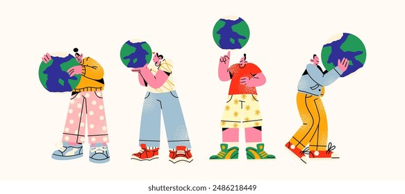 Cartoon characters with planet Earth. Mascot people protect the planet. Ecological illustration in 90s retro doodle style recycling and saving the planet

