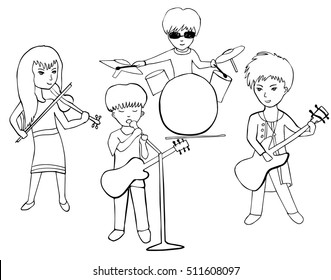 Cartoon characters playing musical instruments and singing. Vector illustration with violinist, guitarist, singer and drummer. Coloring book for children and adults. Black and white in zentangle style