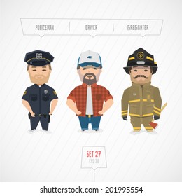 Cartoon characters policeman driver firefighter vector illustration