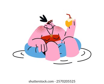 Cartoon characters in the pool on inflatable rings in the pool. Pool party, girls relax on a rubber circle mattress with cocktails. Trendy doodle groovy mascot in retro style