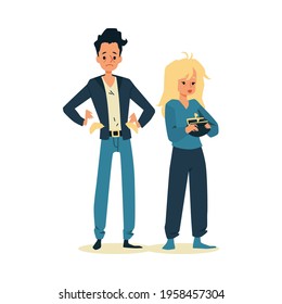 Cartoon Characters Of Poor People Who Have No Money, Flat Vector Illustration Isolated On White Background. Financial Crisis And Falling Income Levels.