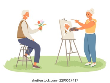 Cartoon characters of positive senior couple engaged in painting. Grandparents spending time together. Happy old age. Concept of retirement and hobby. Vector