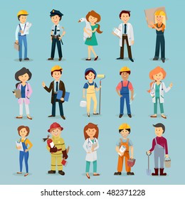 cartoon characters for the presentation , a doctor , a policeman , a fireman , engineer , foreman, boss, worker , house painter , construction worker, longshoreman , a farmer , carpenter , officer