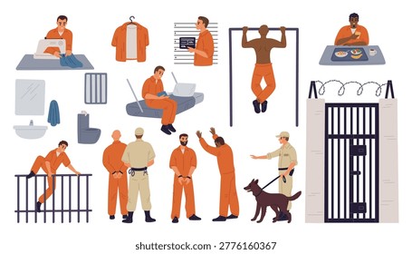 Cartoon characters in prison. Men in orange jumpsuits. Inmates serving their sentences. Warden and guard with dog. Arrested lawbreakers mugshot. Jailhouse cell lattice. Convicted characters vector set