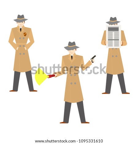 Cartoon Characters Private Detective Set Investigation Crime Concept Element Flat Design Style. Vector illustration of Investigator or Agent