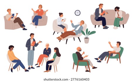 Cartoon characters at psychologists office. Psychoanalysis patients during group therapy. People talk to specialist about their problems. Mental health. Individual counseling. Psychological vector set