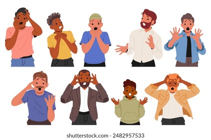 Cartoon Characters Reacting With Shock, Surprise And Fear. People Display A Range Of Emotions, Highlighting Diverse Expressions And Reactions. Vector Concept Of Surprise, Fear, And Emotional Reactions
