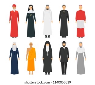 Cartoon Characters Religion People Different Types Set Traditional Clothing Concept Element Flat Design Style. Vector illustration of Man and Woman