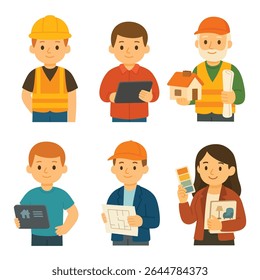 Cartoon characters representing construction worker, architect, engineer, real estate agent, planner, and interior designer on white background. Flat vector illustration in character design style