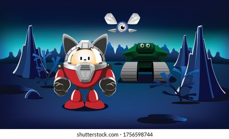 Cartoon characters - rescue astronauts on the background of an alien landscape. Vector illustration.
