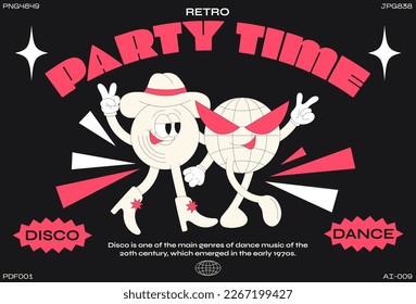 Cartoon characters retro party 90s. Fashion poster. funny colorful characters in doodle style cowboys, disco ball, music, star, dancing with gloved hands. Vector groovy illustration with typography