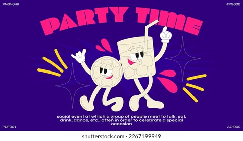 Cartoon characters retro party 90s. Fashion poster. funny colorful characters in doodle style cocktails, fruits, disco ball, music, star, dancing with gloved hands. Vector groovy illustration 