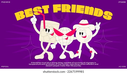 Cartoon characters retro party 90s. Fashion poster best friends. funny colorful characters in doodle style cowboys, disco ball, music, star, dancing with gloved hands. Vector groovy illustration