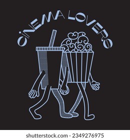 Cartoon characters retro popcorn and glass of drink 90s. Cinema lovers text. Trendy vintage poster. Funny characters couple holding hands in doodle groovy style. Vector isolated illustration