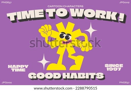 Cartoon characters retro star of the 90s. fashion poster. funny colorful doodles in hippie style. Vector clockwork illustration with typography