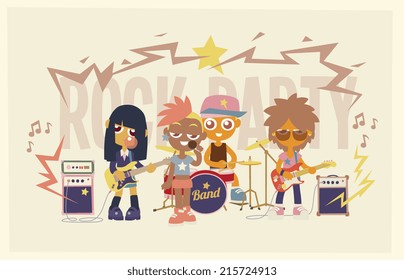 cartoon characters rock band show, vector illustration.