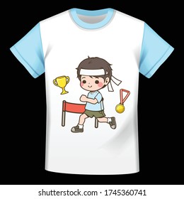 Cartoon characters, runners boys, gold medal, trophy and Starting point, on t-shirts isolated on black background vector illustration. Cute pattern kawaii style.