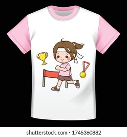 Cartoon characters, runners girl, gold medal, trophy and Starting point, on t-shirts isolated on black background vector illustration. Cute pattern kawaii style.