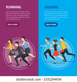 Cartoon Characters Runners Man and Woman People Banner Vecrtical Set Fitness Sport Concept Element Flat Design Style. Vector illustration